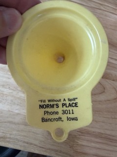 1970’s Car Radiator Funnel Yellow Plastic Norms Place Bancroft Iowa Closed
