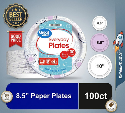 100 Count 8.5 Inch Disposable Paper Plates Bulk Value Pack