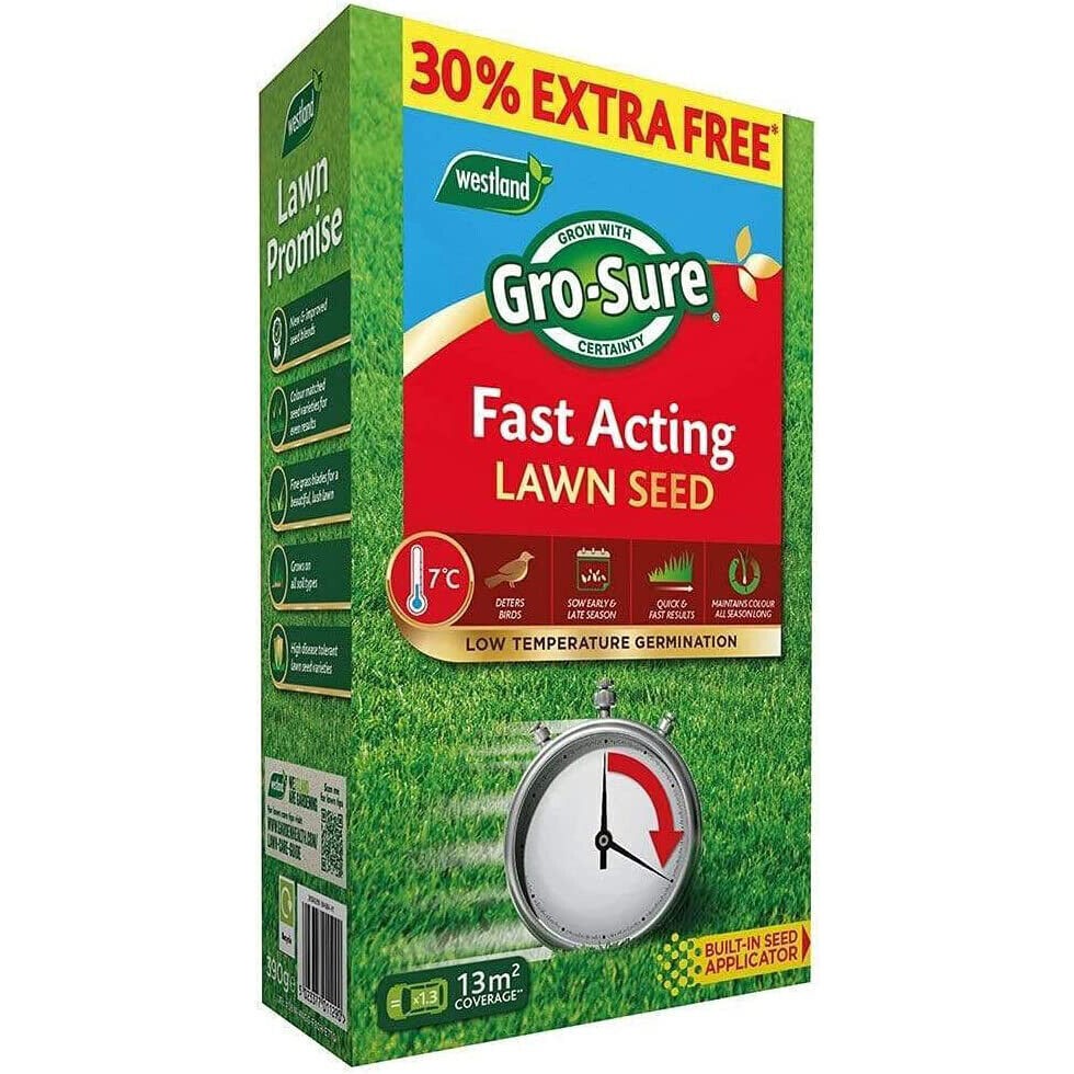 Gro-sure Fast Acting Lawn Seed 10m2 + 30% Extra Free Box Conditions & Nourishes