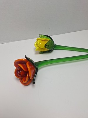 Handmade Glass Roses - Set Of Two - Yellow And Orange/Red  - Artglass