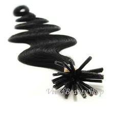 25 I Stick Tip Body Wave Wavy Micro Ring Remy Human Hair Extensions Jet Black #1