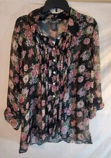 Chelsea Theodore Woman 1X  Floral Print Button Blouse Long Sleeve Simi Sheer New