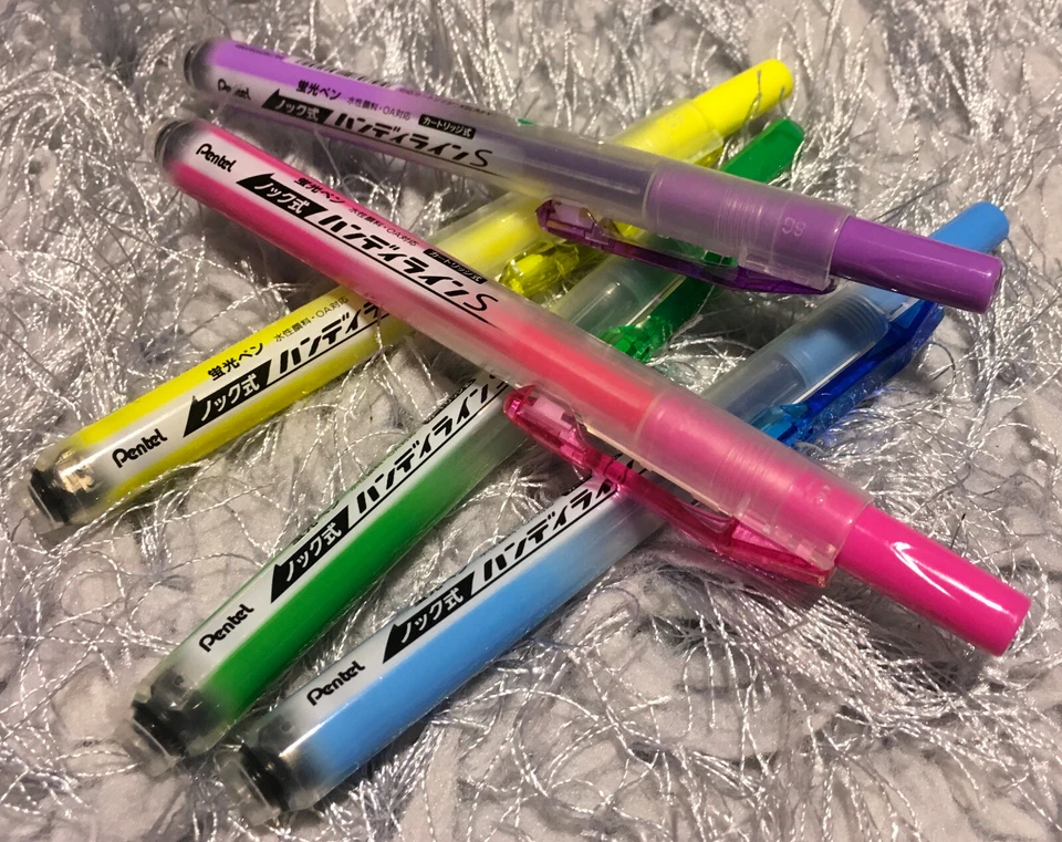 Pentel Línea Práctica Iluminador Colores Plumas Verde Amarillo Púrpura Golpe Retráctil Foto 3 de 4