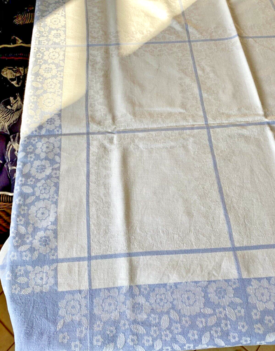 TISCHDECKE DAMAST EIGWEBTE STREIFEN UND BLUMEN 95 x 168 cm WEIß / BLAU Antik - Bild 8 von 11