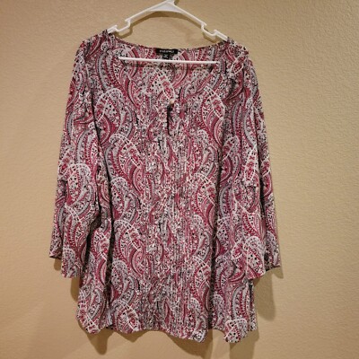 Roz Ali 3X Paisley Blouse Slit Bell Sleeves Keyhole Neckline Red Black White
