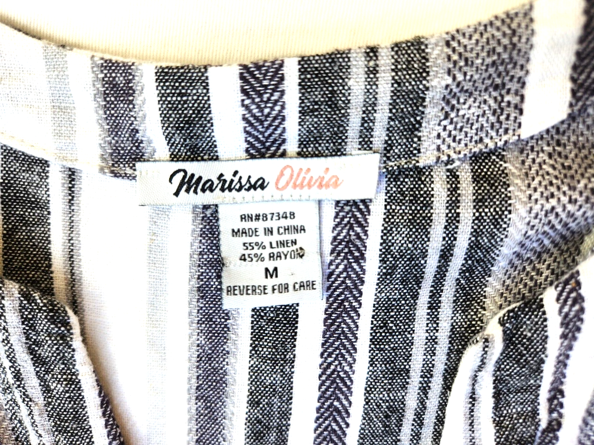 alice Marissa Olivia Women's Linen Dress Grey Striped 3/4 Sleeve Medium