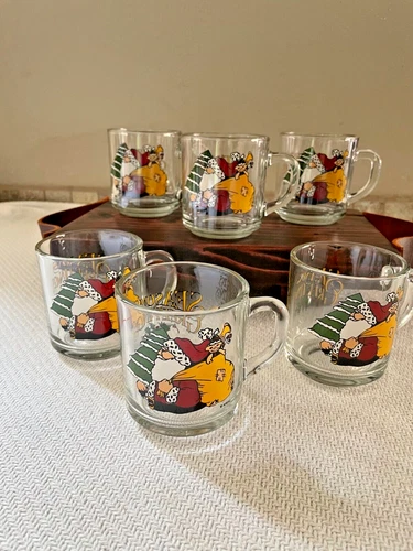 Anchor Hocking Santa Seasons Greetings Clear Glass Mugs Christmas Set of 6 USA