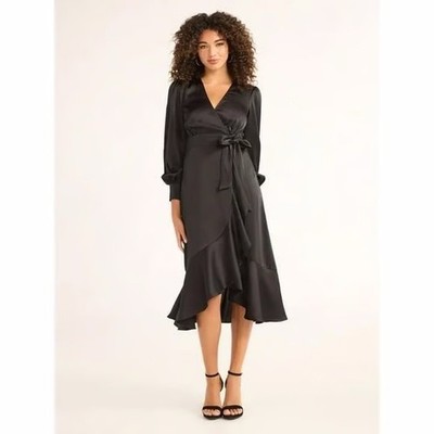 Sofia Jeans By Sofia Vergara Faux Wrap Ruffle Trim Dress Solid Black L 10-12