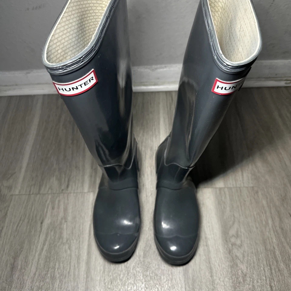 Botas de borracha Hunter originais altas femininas joelho alto brilho cinza chuva EUA 5M - Imagem 4 de 4