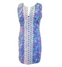 Lilly Pulitzer Dress Women's 14 Blue Pink Paisley Shift Crochet Trim 100% Cotton