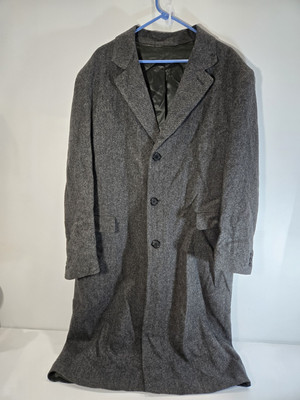 Vtg B.W. HARRIS Mens 44L Pure Wool Gray Overcoat Tailored in USA Herringbone