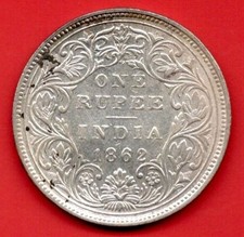 India British QV Victoria Silver 1 ( One ) Rupee 1862 Circulated No dot L#b2169