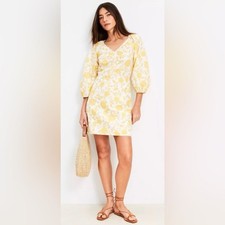 NWT LOFT Yellow Floral Shirred Mini Dress Size 0 Floral Print Summer Dress