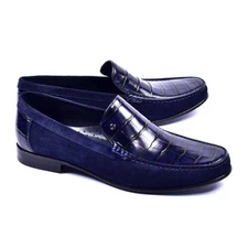 Corrente Men's Navy Blue Crocodile Print & Suede Loafer