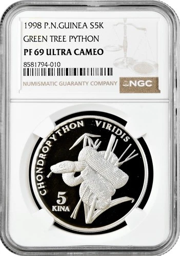 Papua New Guinea 5 kina 1998, NGC PF69 UC, "Endangered Wildlife - Green python"