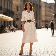 Vtg Stuart Alan Shirt Dress Womens Size 10 White Button Down Utility Safari Belt