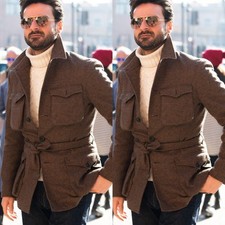 Brown Men Safari Jacket With Belt Four Pockets Winter Wool Warm Men Hunting Coat