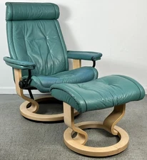 Ekornes Stressless Medium "Prince" Blue Leather Recliner Chair & Ottoman