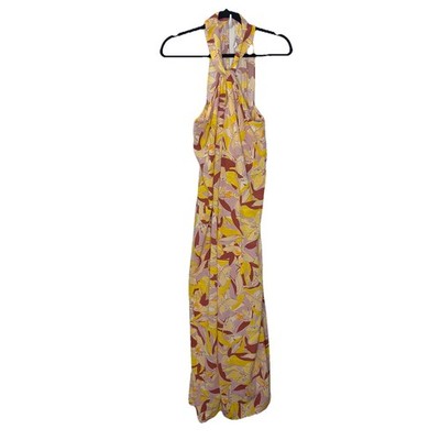 Nine West Jumpsuit Yellow Floral Very Wide Leg Halter Top Festival Boho Size M