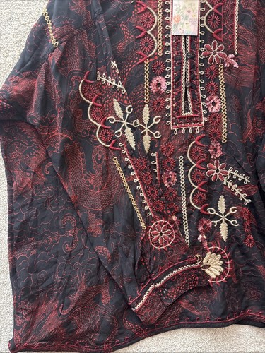 Johnny Was Belina Tunic XL Black Red Silk Embroidered Sequin Blouse Dragon $318 - Picture 9 of 13