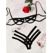 Bondage Harness Lingerie Set Womens Elastic Hollow Out Bra Sets Black Cupless...