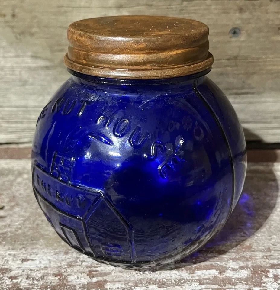 NUT HOUSE Cobalt Blue Glass Peanut Jar, New York, NY, w/ Rustic Tin Lid, 5” x 4” - Image 2 of 4