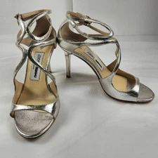 Jimmy Choo Metallic Silver Strappy Sandals Heels Size US4.5 EU34.5 Made in Italy