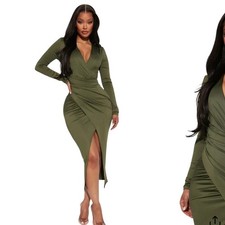 Fashion Nova Eyes On Me Ruched Midi Dress Olive Green Long Sleeve V-Neck Sz M