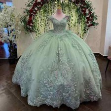Quinceanera Dresses Sparkling Applique Beaded Mint Green Prom Ball Gown Sweet 16
