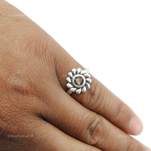 Root Chakra Smoky Quartz Stone Cocktail Flower Bezel Ring Jewelry 925 Silver - Picture 6 of 9
