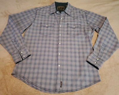 Wrangler Retro Western Mens Button XL Gray Blue plaid long sleeve snap buttons