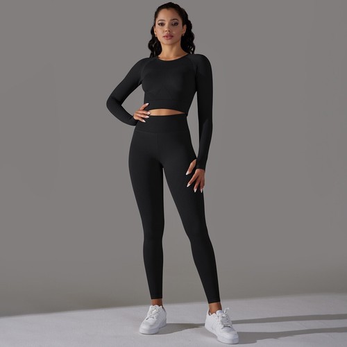 Women's Workout Sets Seamless Leggings Long sleeve Crop Tops Outfits Tracksuits - Picture 41 of 74