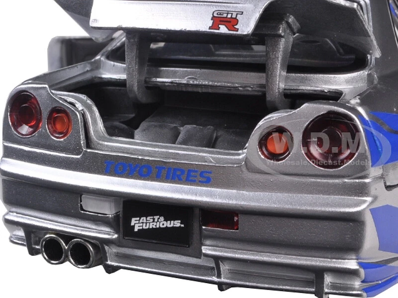 BRIAN'S NISSAN GTR SKYLINE R34 SILVER & BLUE FAST & FURIOUS 1/24 CAR JADA 97158 - Image 3 of 4
