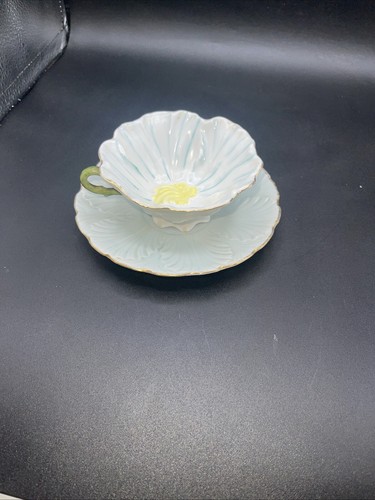 Antique Victorian Light Green Flower Shape Porcelain Cup & Saucer w/ Gold Trim