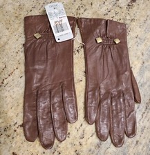 New Vintage ARIS Sz M 7 Soft LEATHER GLOVES SILK Lined Brown Gold Metal Accent