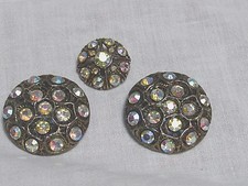 Vint. Set Aurora Borealis Rhinestones on Metal Buttons 2 Very Large and 1 Small