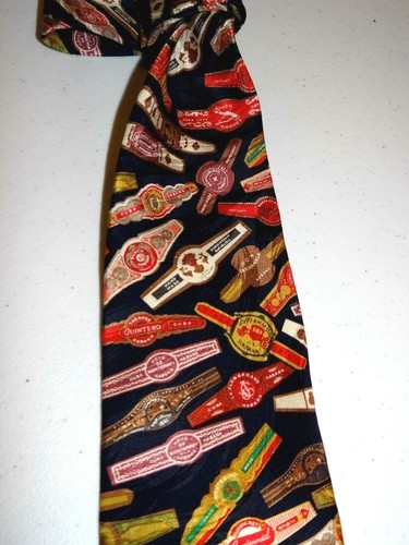 CROOKS & CREED LONDON NAVY BLUE CIGAR BRAND TAG COLLAR MEN'S SILK NECKTIE TIE - Picture 3 of 5