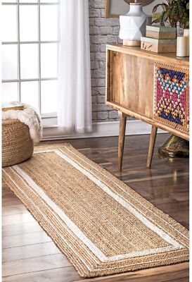 Runner Carpet Natural Jute Beige with White Hand Braided Rug for Hallway