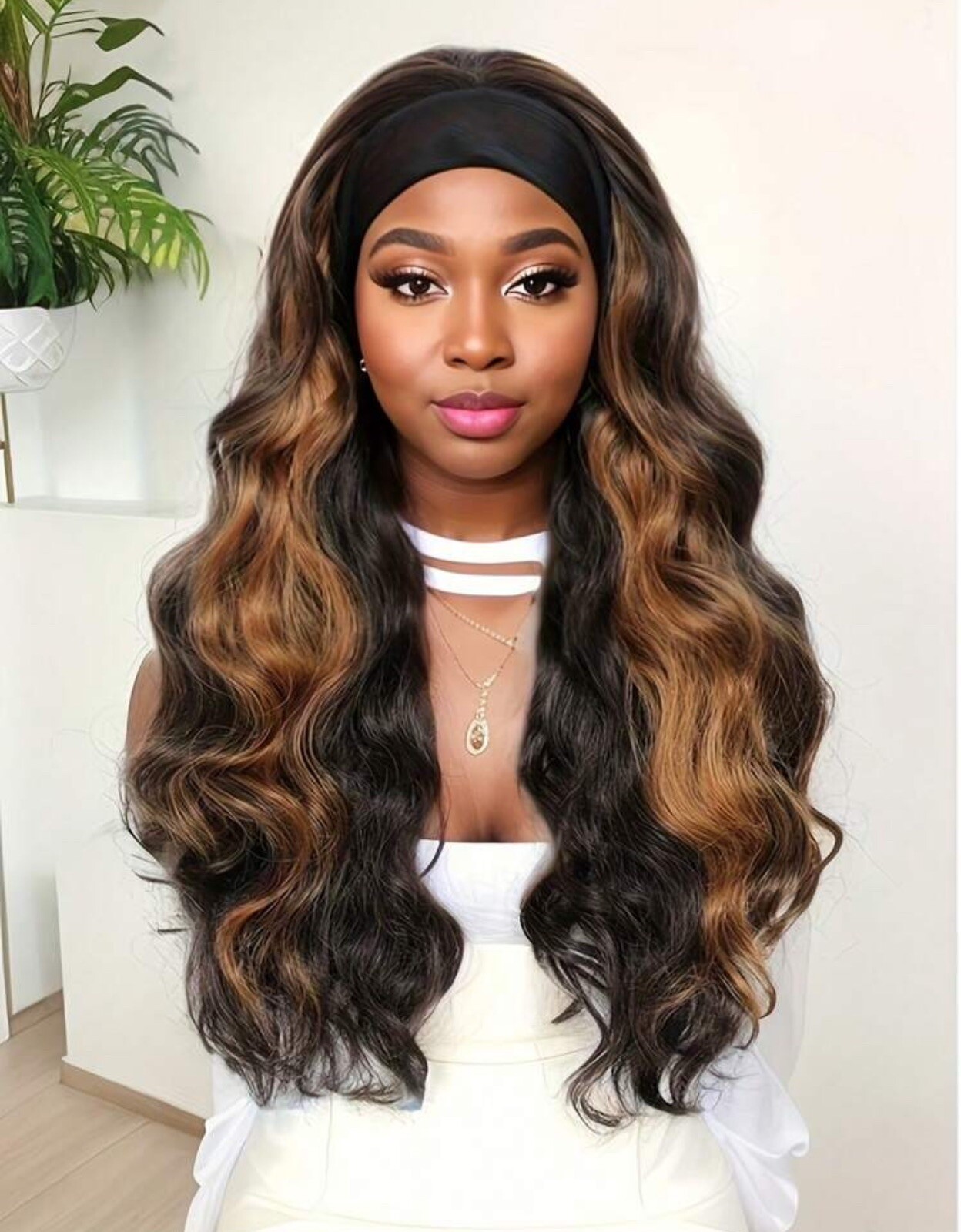 Perruque bandeau longue de prestige brun foncé bouclée 60cm fibre soyeuse et 4 bonnets