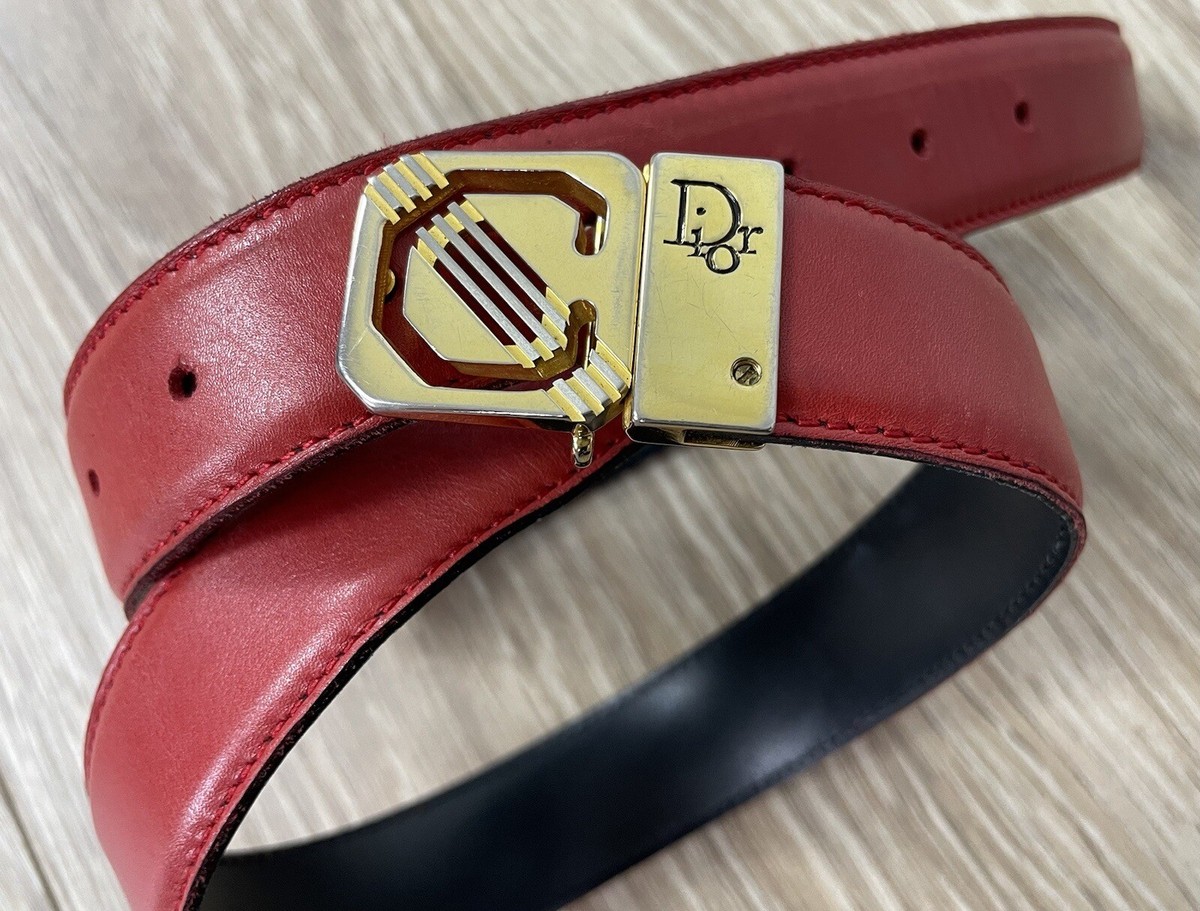 Vintage Christian Dior Reversible Red Leather Black Belt Tone Metal Buckle