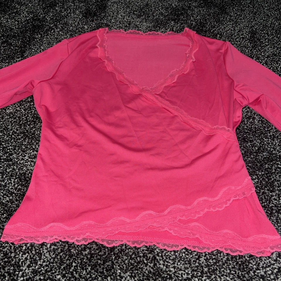 Pink Stretch Faux  Wrap Top With Lace Trim. Bell Sleeves And  Belt. Size S. - Image 4 of 4
