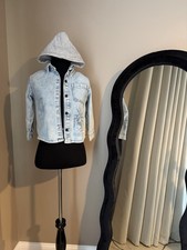 ZARA Hooded Denim Jacket Urban Graphic Print Light Blue Gray Size 6-7