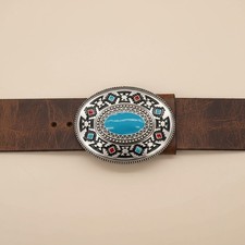 New Men Silver Metal Buckle Native Ethnic Aztec Style Oval Turquoise Blue Color