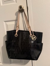 Michael Kors Large Black Monogram Tote, Beige Straps, Logo Charm, Pockets