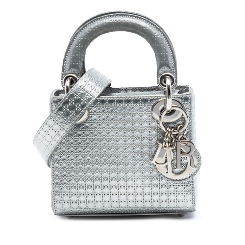 Dior Micro Metallic Patent Microcannage Lady Pre-Loved Satchel Silver