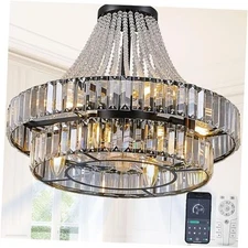 20" Double Layer Caged Ceiling Fan Light Modern Smart Fandelier 20IN Crystal