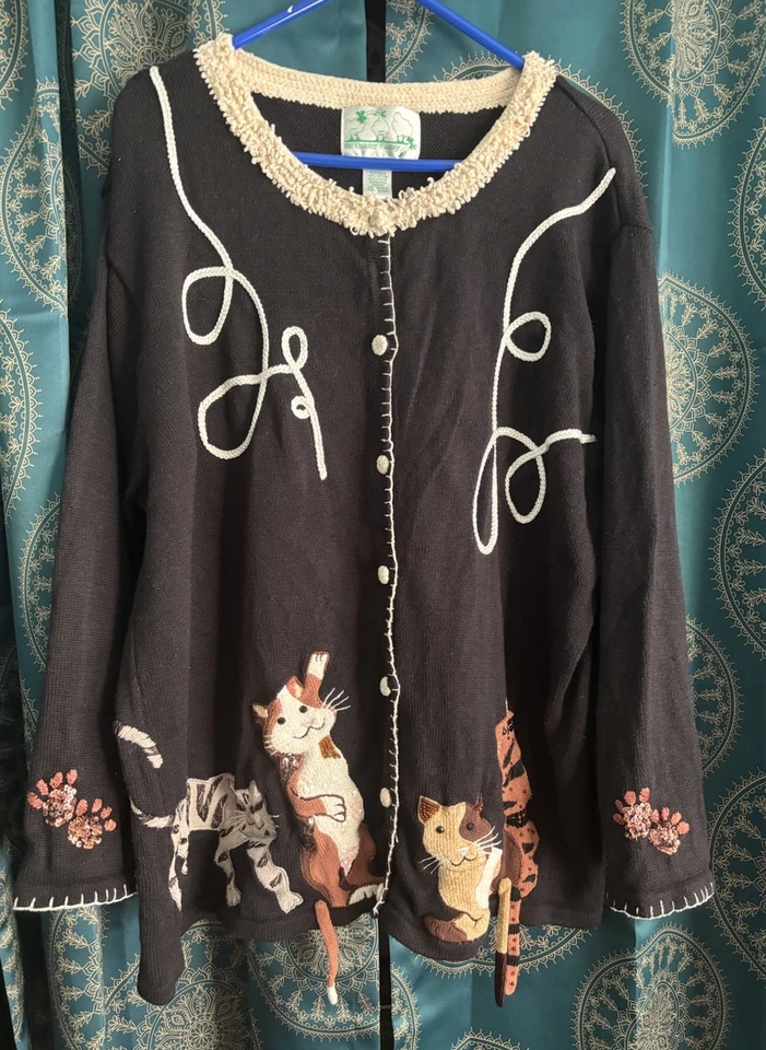 Quaker Factory Women’s Cat Cardigan SZ 2X Black Embroidered Cat Lover Sweater - Image 2 of 4