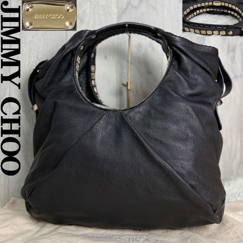 Jimmy Choo Black Leather Studded Gathered Hobo Shoulder Bag Large A4 Tote
