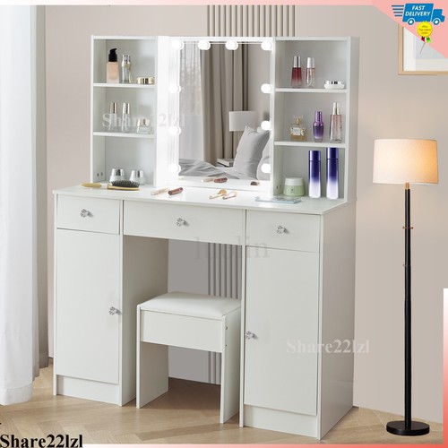 Set sgabello tavolo trucco vanità con specchio luce e armadi cassetti spogliatoio - Foto 1 di 13