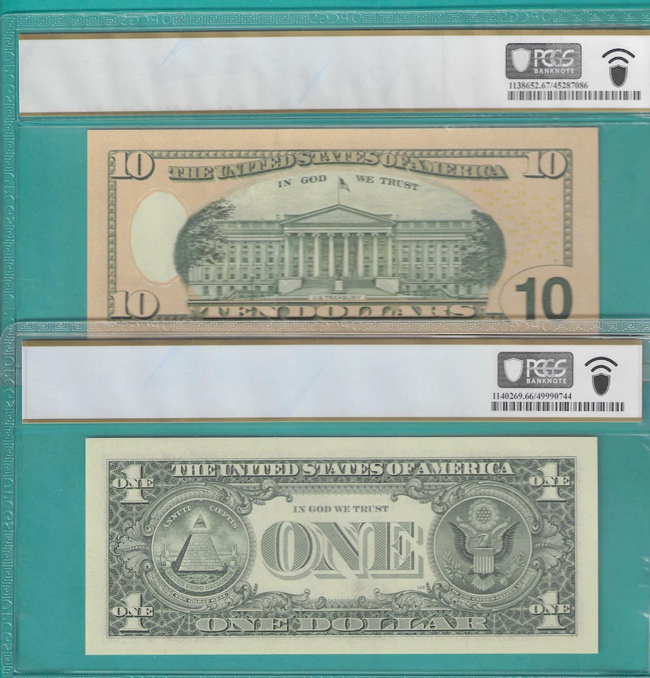 $1 and $10 2X Matching Serial Number SOLID 6s  66666632 PCGS Graded 66/67 - Image 2 of 2